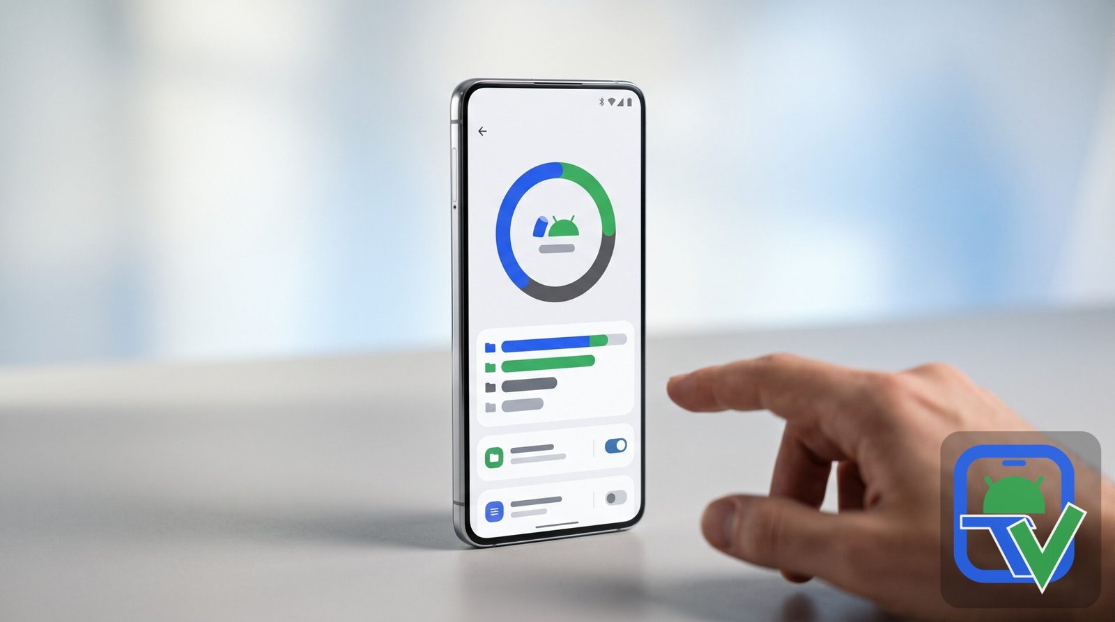 Android smartphone showing a storage management screen with a royal blue and Android green storage gauge, hand pointing at the screen