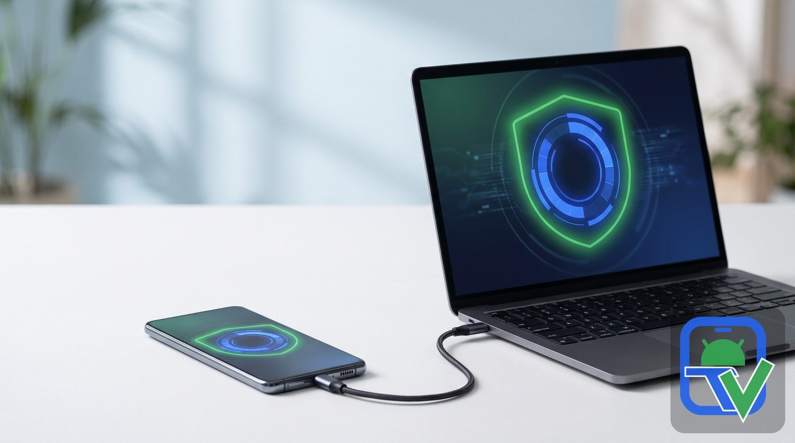 Android phone connected by cable to a laptop, both screens showing a glowing green shield and blue backup progress ring