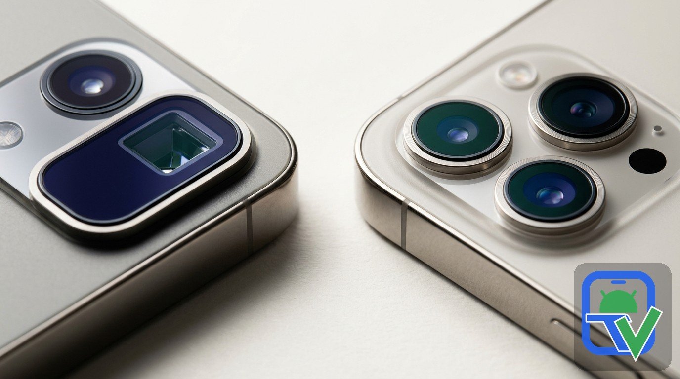 Close-up of periscope telephoto and triple-lens smartphone camera modules