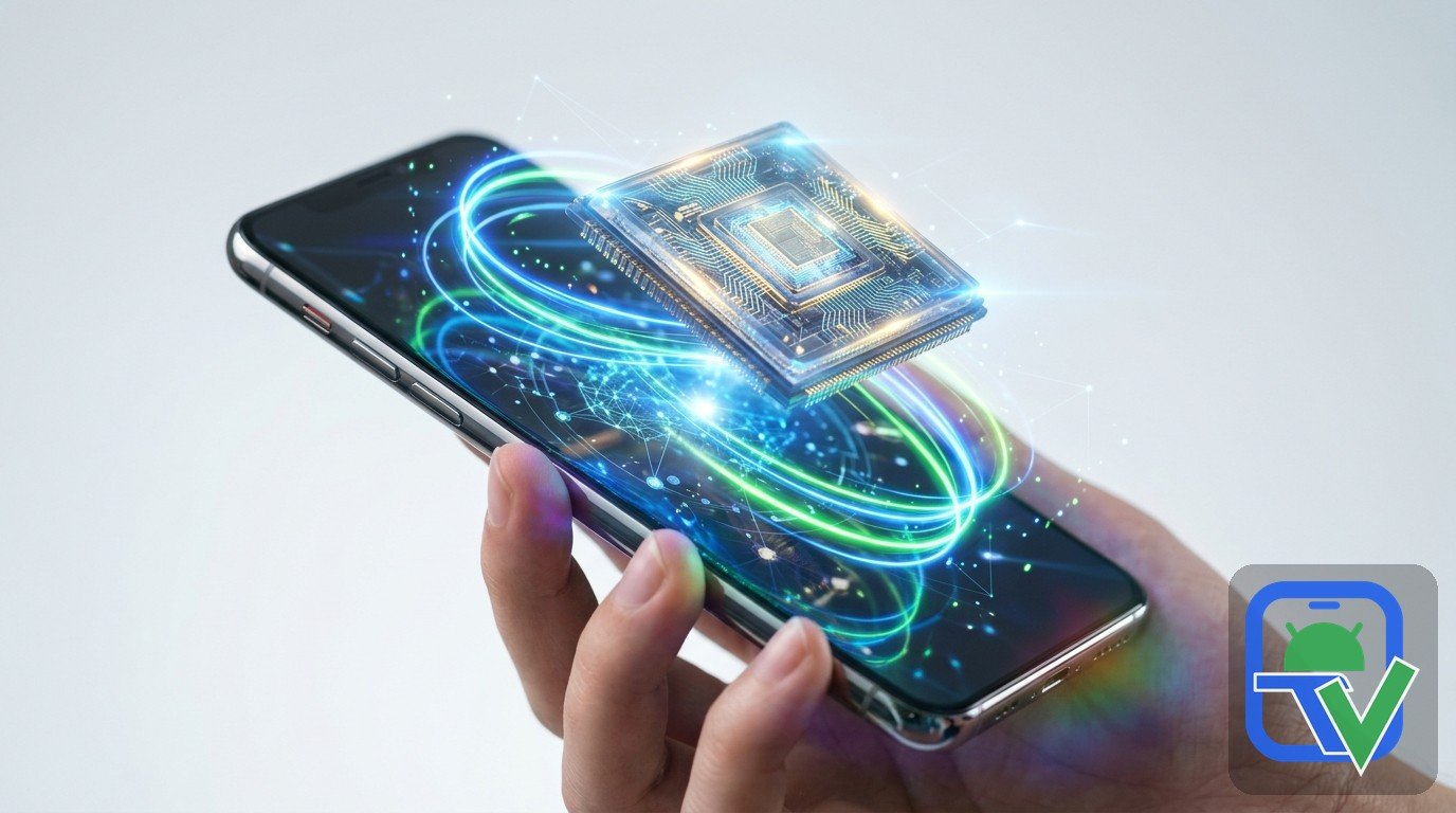 Flagship smartphone with glowing processor chip representing Snapdragon versus Tensor performance