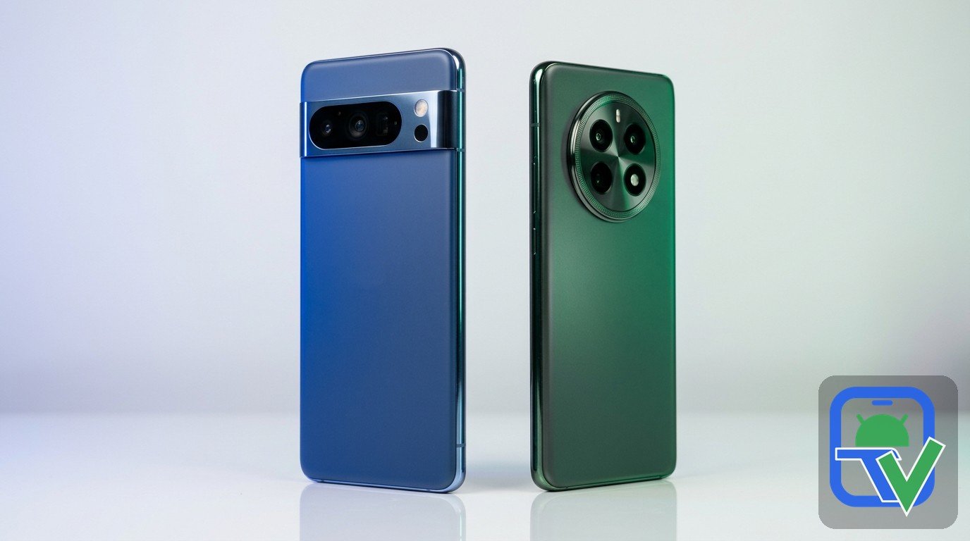 Pixel 9 Pro XL vs OnePlus 12 design comparison with two flagship phones standing upright