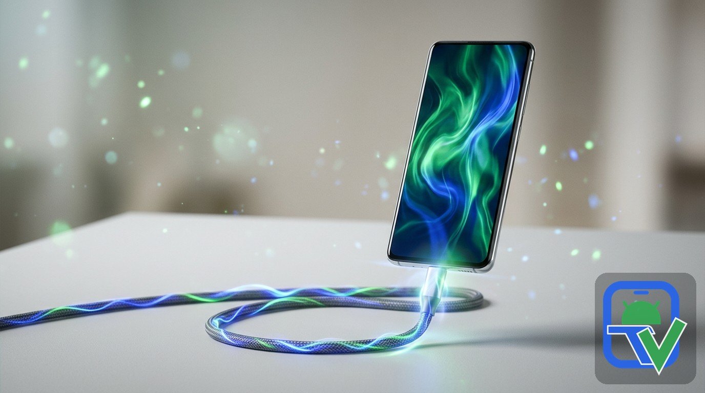 Flagship phone fast charging with glowing energy cable