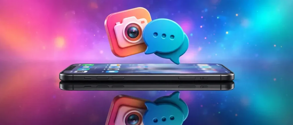 Phone with dual app icons floating above the screen