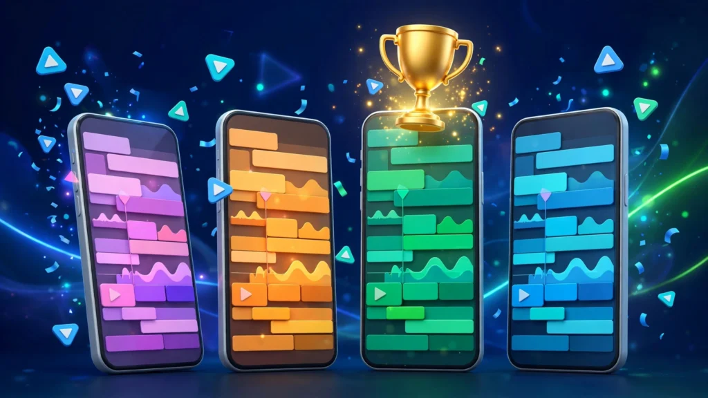 Four video editing apps compared side by side with trophy