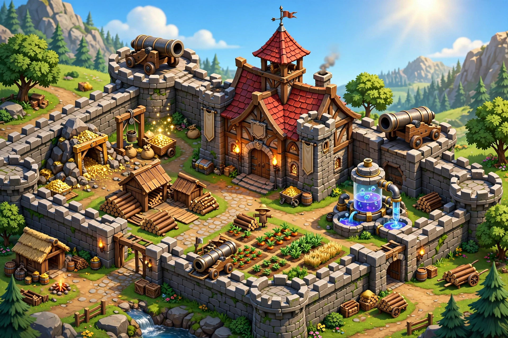 Medieval village base in a mobile strategy game