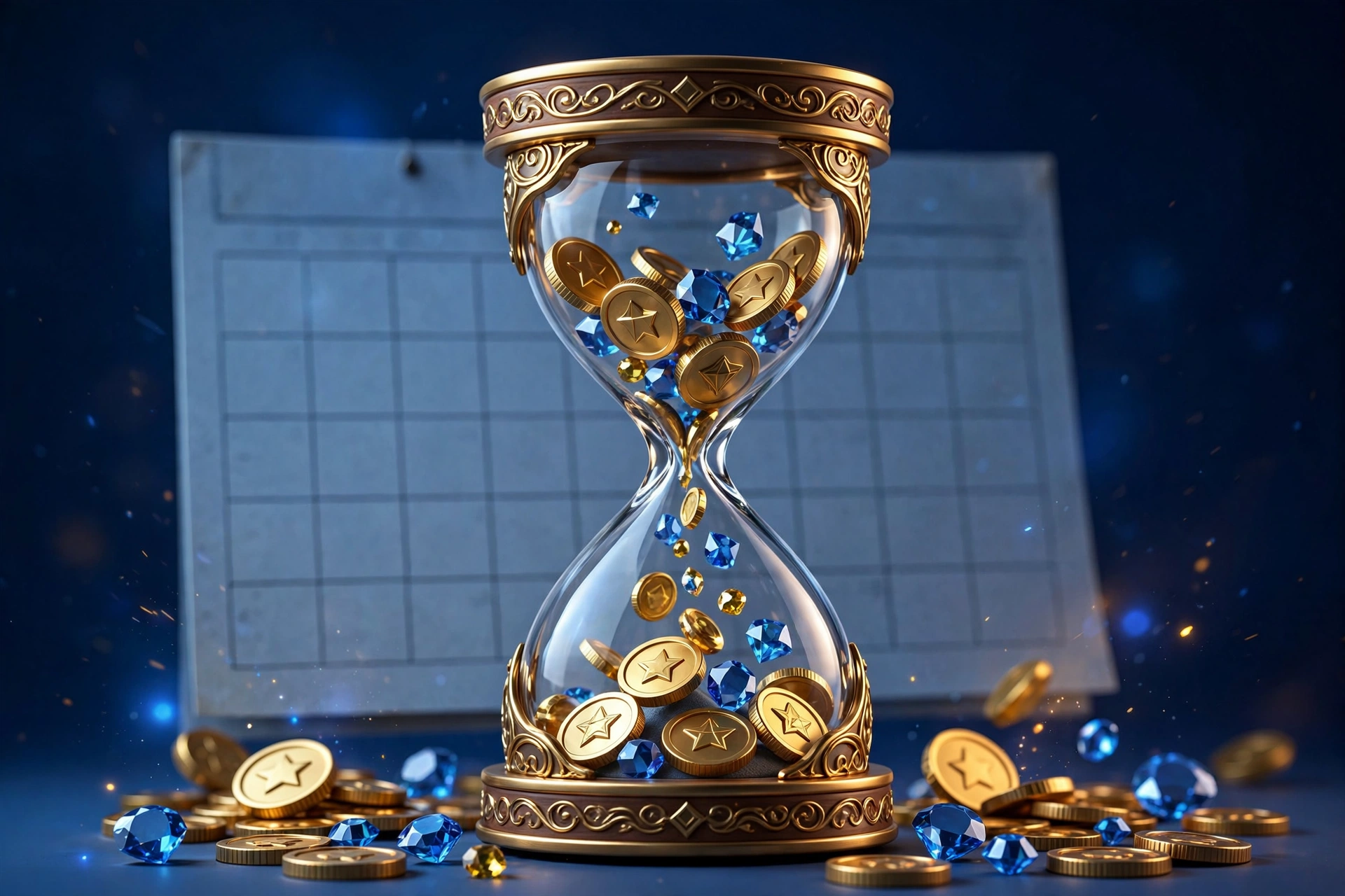 Time commitment concept with hourglass and game currency