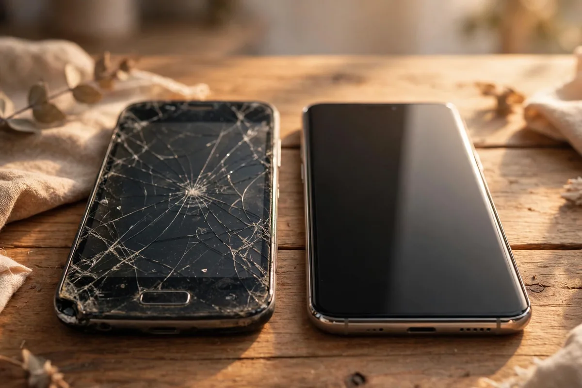 Old cracked phone next to a new smartphone